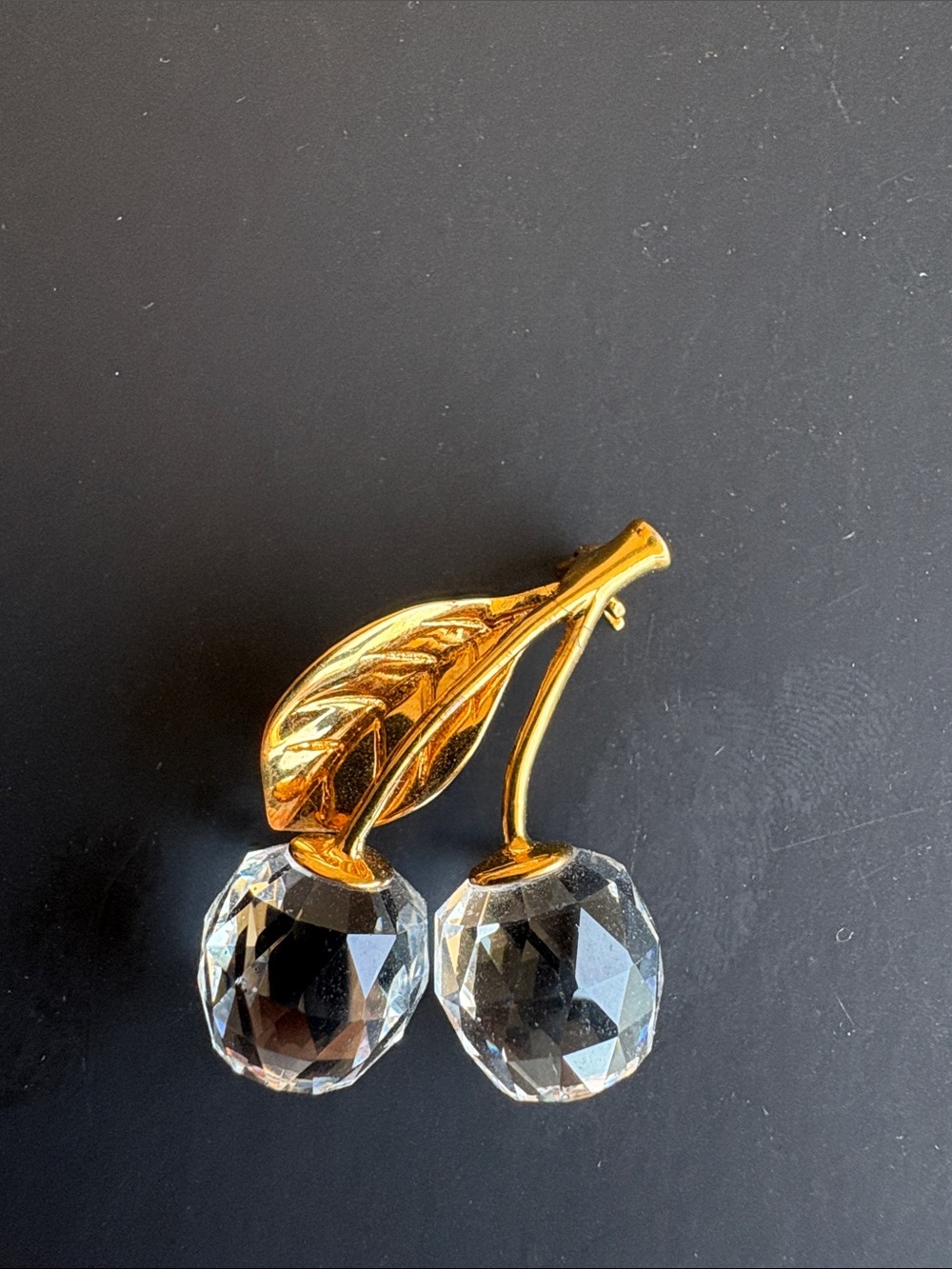 Gold Leaf Cherry Swarovski Brooch - Clear Crystal Accent